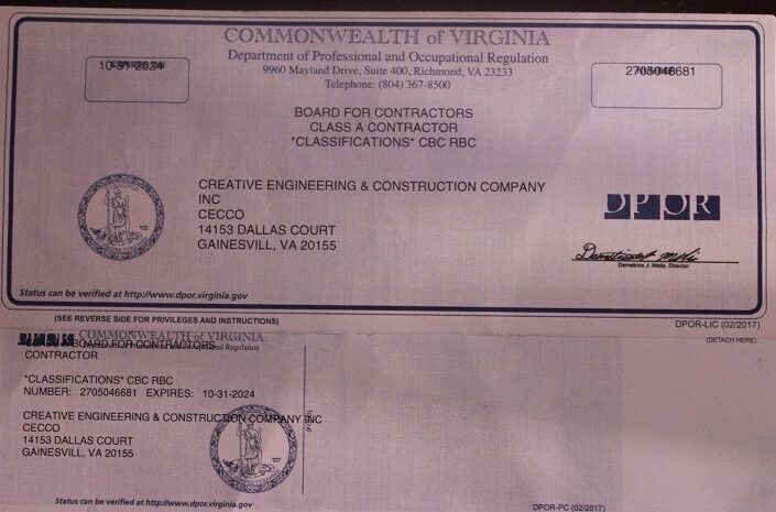 CECCO Construction Virginia license class A DPOR RBC CBC