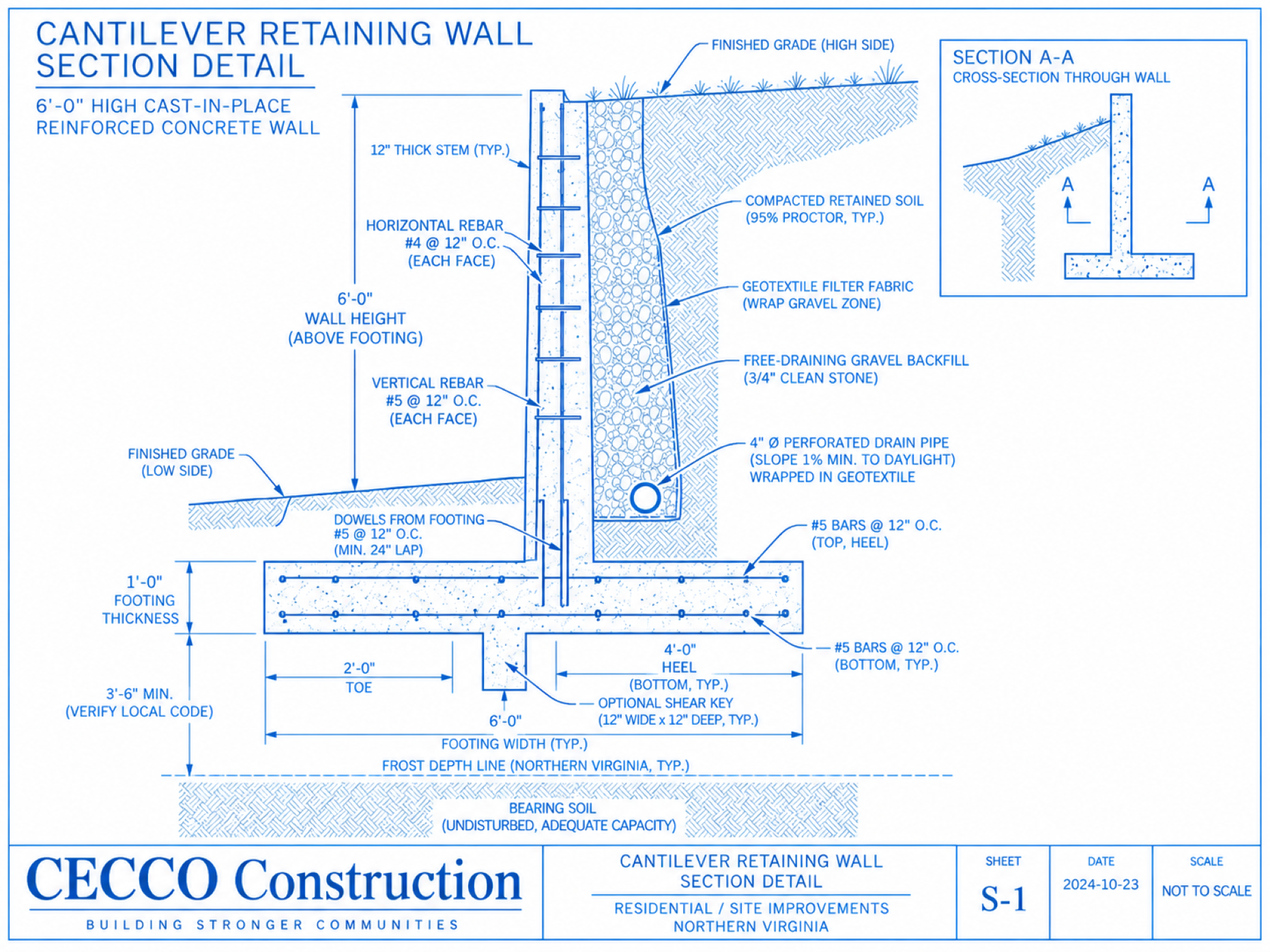 cantilever retaining wall reinforced concrete footing rebar drainage gravel cecco construction northern virginia