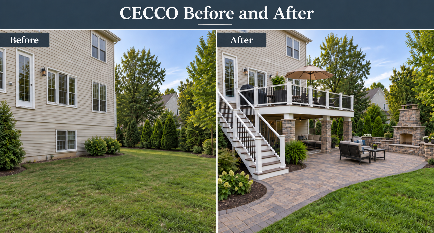 cecco construction before and after backyard transformation deck paver patio outdoor fireplace northern virginia
